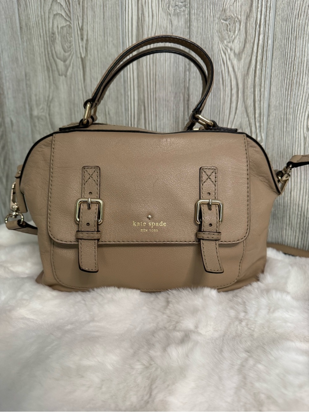 kate spade taupe leather satchel with buckled flap- Allen Street Raquelle